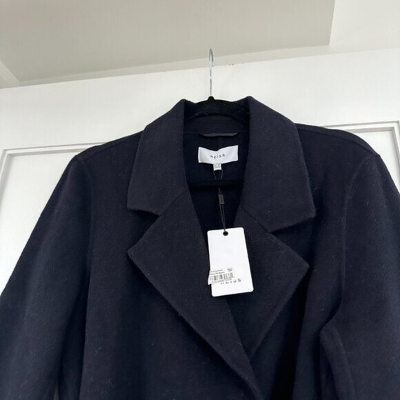 NWT Reiss Leah Longline Overcoat  Sz 6 in Navy Belted Notch Lapel Wool Blend - Picture 8 of 10